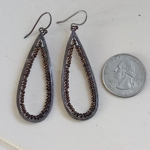 Silpada Vintage Sterling Silver & Bronze Seed Bead Long Teardrop Hoop Earrings - Picture 1 of 4